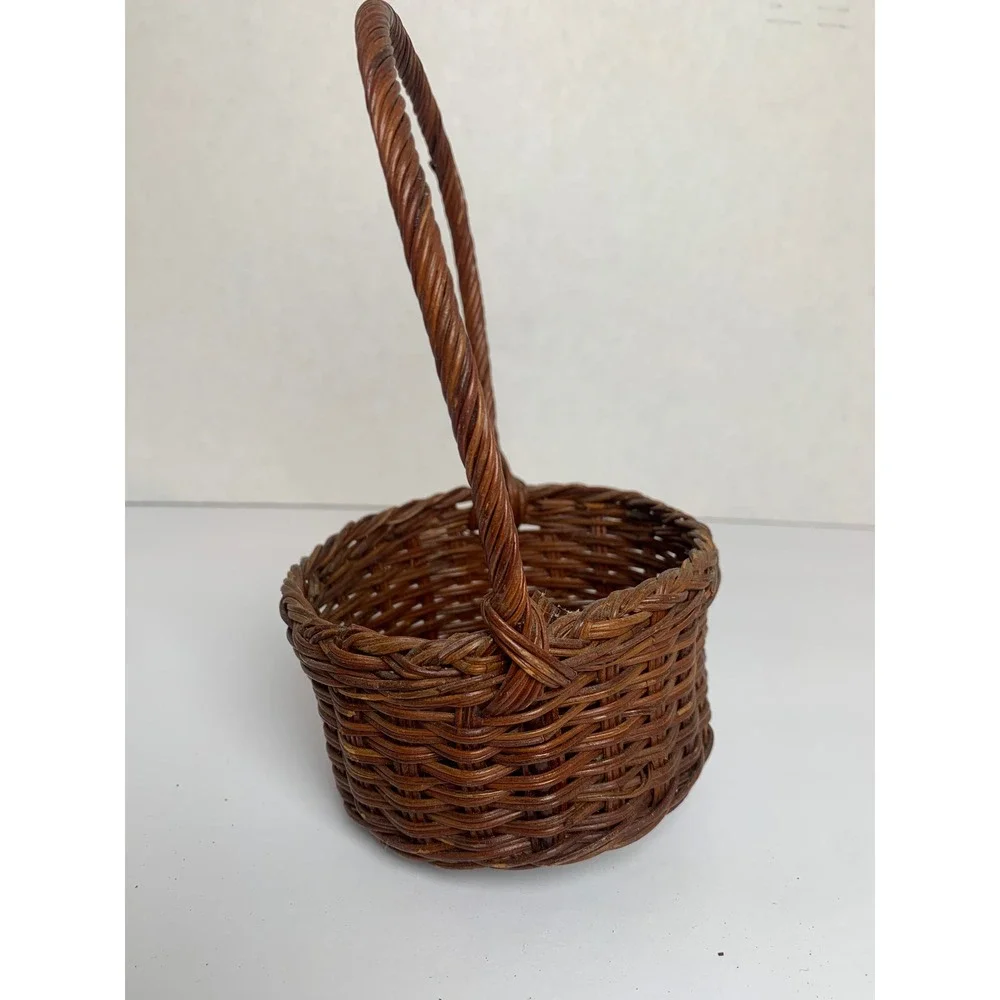 Vintage Dark Brown Round Wicker Basket with High Arched Handle Cottagecore Decor